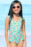 Girl's Green Tropical Flower Print Swimsuit w/ Ruffle Detail