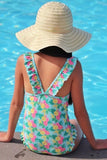 Girl's Green Tropical Flower Print Swimsuit w/ Ruffle Detail