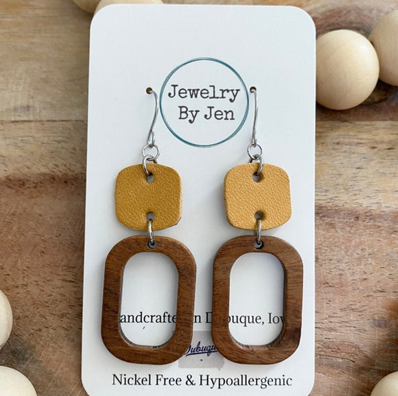 Wood Cutout Rectangle Mustard Rounded Square Earrings