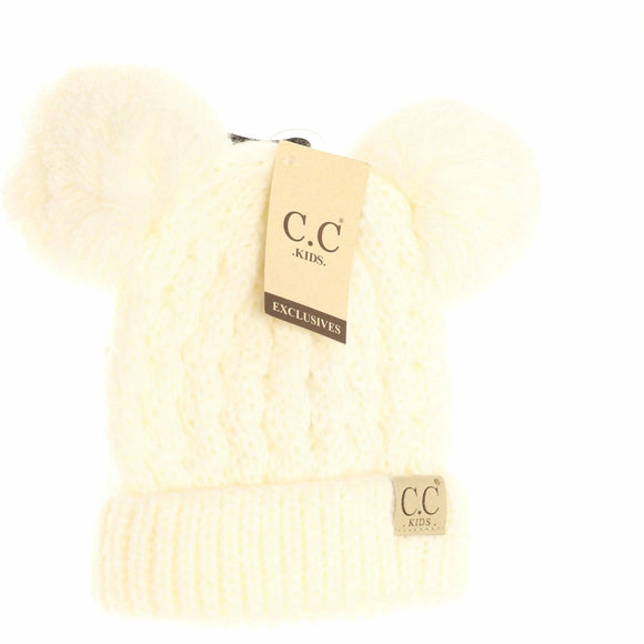 Kids Solid Double Pom CC Beanies: Ivory