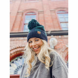 Buffalo Print Jacquard Knit Pom Beanie: Black/Deep Pine