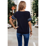 Solid Round Neck Loose Fit Frill Trim Tee - Navy