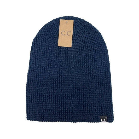 Unisex Waffle Knit Cuffed/Slouchy C.C. Beanie: Navy