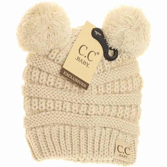 BABY Solid Double Pom CC Beanie: Beige