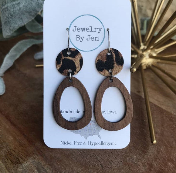 Wood Oblong & Cheetah Cork Earrings