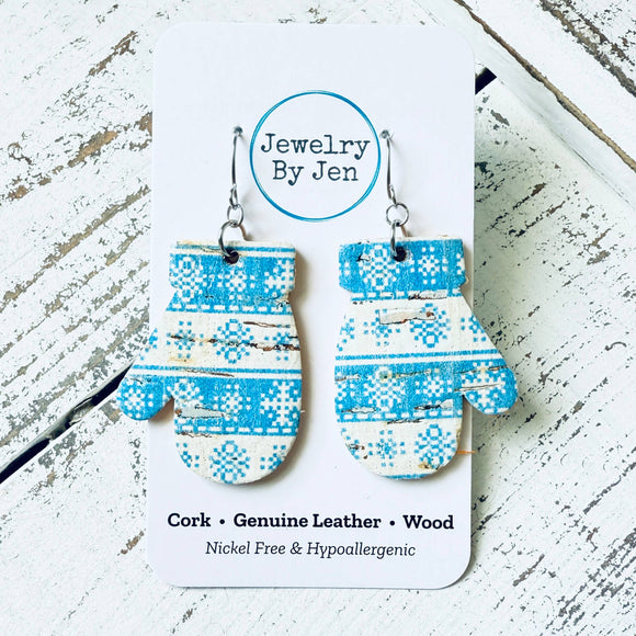 Mitten Earrings: Blue & White Snowflakes