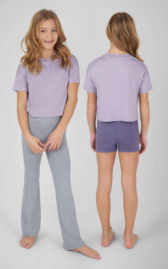 Girls Super Soft Tee, Shorts, and Flare - 3 PC Set: LAVENDER AURA/CADET/WEATHERVANE