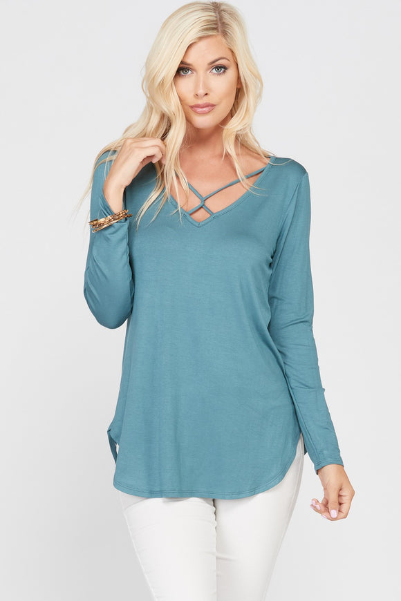 Front Cross Accent Detail Top - Teal