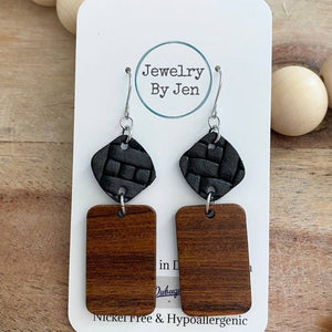 Wood Rectangle & Black Weaved Earrings