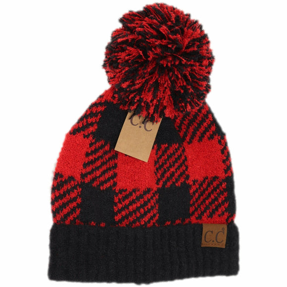 Buffalo Print Jacquard Knit Pom Beanie: Red/Black