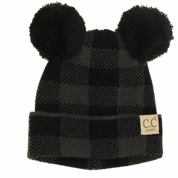 BABY Buffalo Plaid Pom Pom Beanie - Newborn/Knit Hat: Black/Dk. Grey