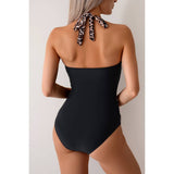 Halter V-Neck Black & Leopard Bodycon Swimsuit
