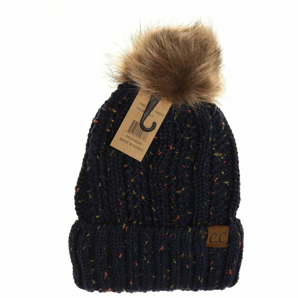 Fuzzy Lined Flecked Fur Pom CC Beanie: Navy