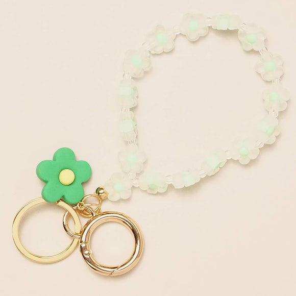 Flower Beaded Stretchable Bracelet Keychain: Green