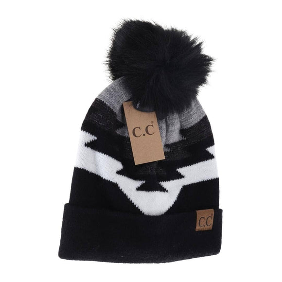 Aztec Natural Faux Fur Pom C.C Beanie - Black