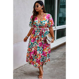 Curvy Floral Butterfly Sleeve Belted Dress