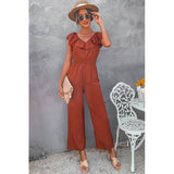 Solid Ruffle Trim V Neck Fit Jumpsuit - Rust