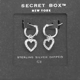 Secret Box - Sterling Silver Dipped CZ Heart Drop Pin Catch Earrings
