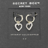 Secret Box - Sterling Silver Dipped CZ Heart Drop Pin Catch Earrings