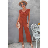 Solid Ruffle Trim V Neck Fit Jumpsuit - Rust