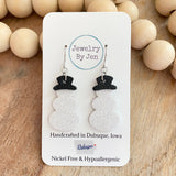 Snowman Earrings: White Fine Glitter w/Black Leather Hat
