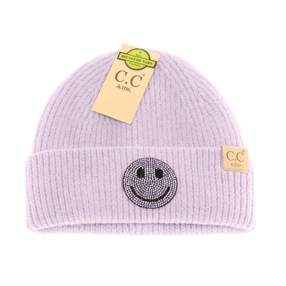 KIDS CC Rhinestone Smiley Face Cuff Beanie: Lavender