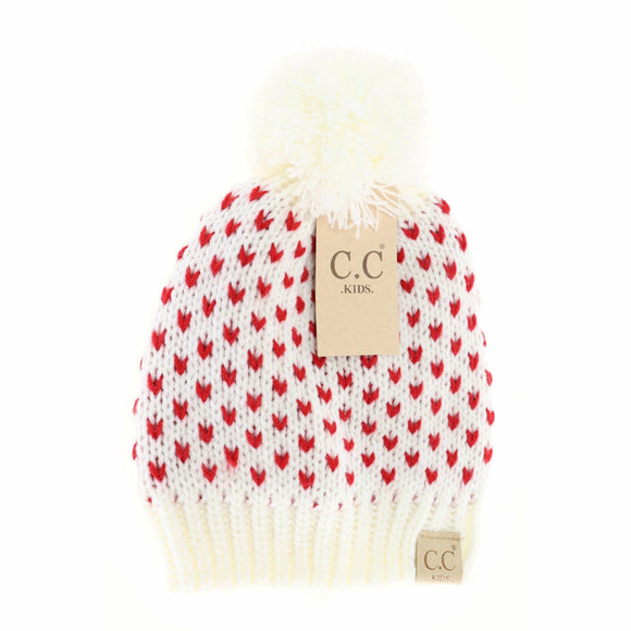 Kids Heart Knit Pom Beanie: Ivory/Red