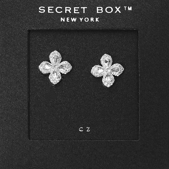 Secret Box 14K Gold Dipped CZ Stone Flower Stud Earrings: Silver