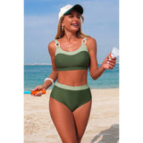 Army Green Two Piece Colorblock Back Knot Swimsuit