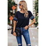 Solid Round Neck Loose Fit Frill Trim Tee - Navy