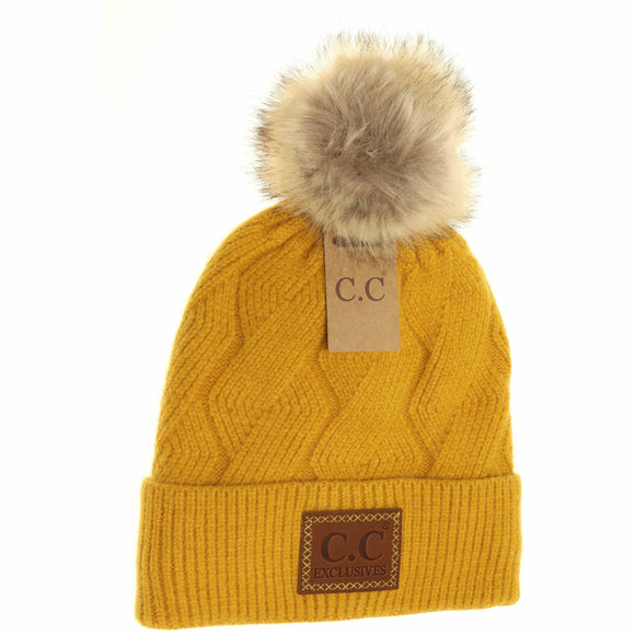 Geometric Knit Faux Fur Pom Beanie: Mustard