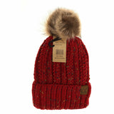 Fuzzy Lined Flecked Fur Pom CC Beanie: Red