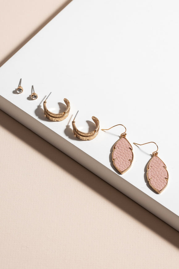 Set of 3 Fall Leaf Theme Earrings - Pink