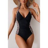 Halter V-Neck Black & Leopard Bodycon Swimsuit