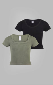 2 PACK - Girls Rib Seamless Square Neck T-Shirts: AGAVE GREEN/BLACK