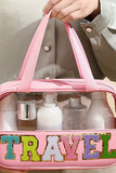 "TRAVEL" Zipper Clear Makeup Bag - Pink