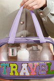 "TRAVEL" Zipper Clear Makeup Bag - Purple