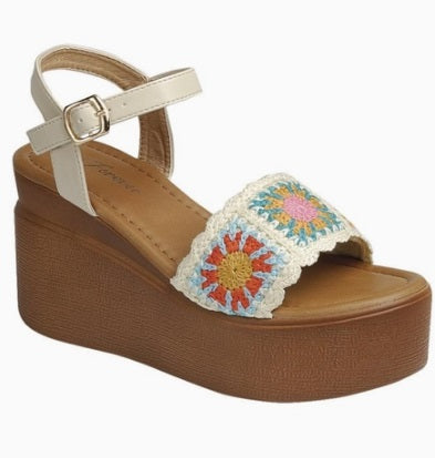 Beige Crochet Wedge Platform Sandals