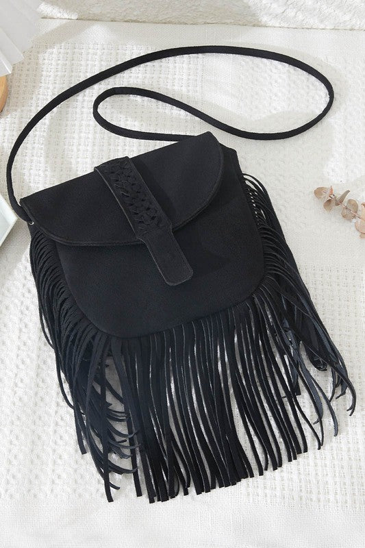 Tassel Crossbody Bag w/ Snap - Black