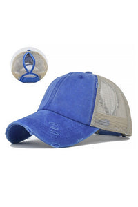 Mesh Baseball Ponytail Cap - Blue