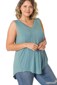 Curvy V-Neck Hi-Low Top - Blue/Grey