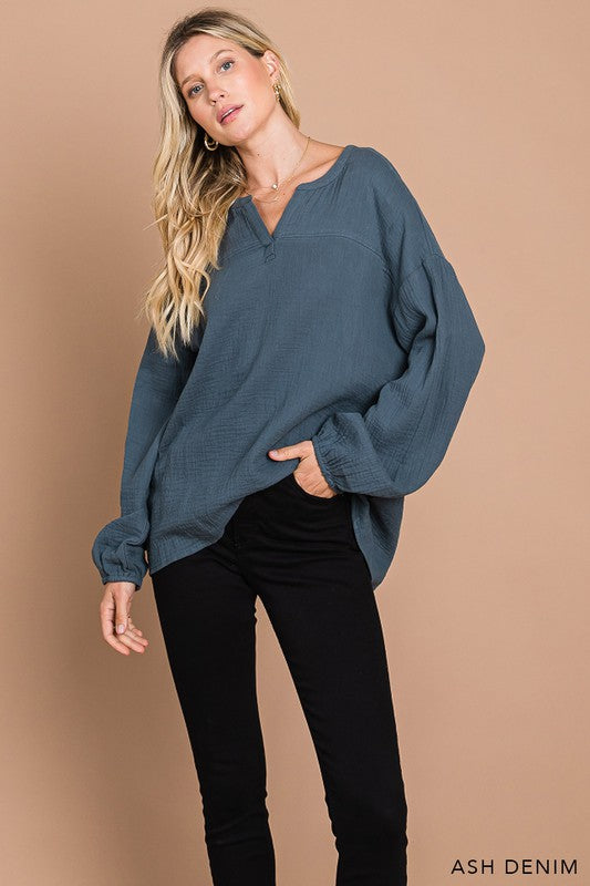 Cotton Gauze Pullover Long Sleeve Top