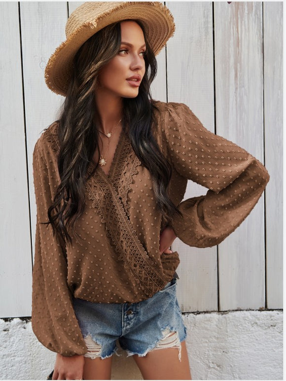 Dotted V-Neck Blouse - Brown