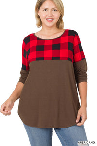 Curvy Plaid Color Block Top - Dark Brown