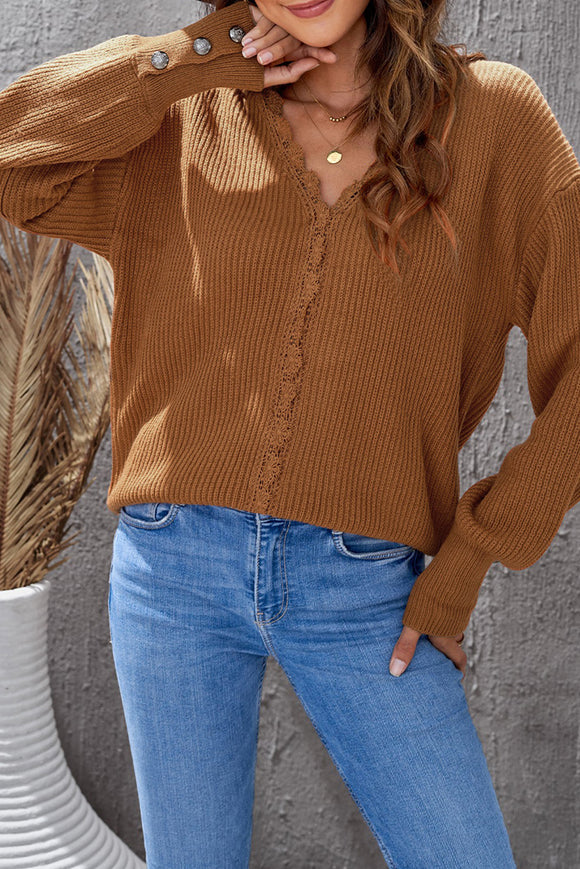 Brown Lace V-Neck Sweater