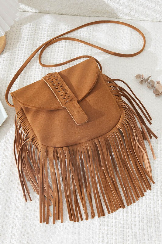 Tassel Crossbody Bag w/ Snap - Brown