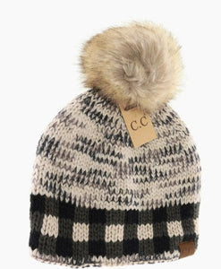 C.C. Buffalo Check Mixed Print Fur Pom - Beige