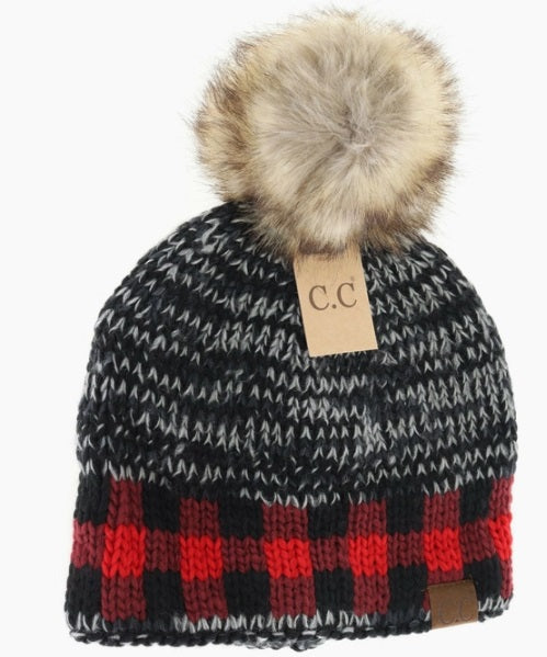 C.C. Buffalo Check Mixed Print Fur Pom - Black/Red