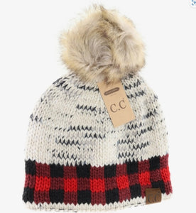 CC Buffalo Print Fur Pom - Ivory/Red