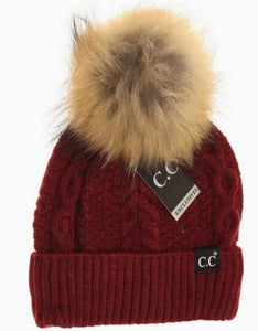 C.C. Exclusive Ribbed Cuff Fur Pom - Burgundy